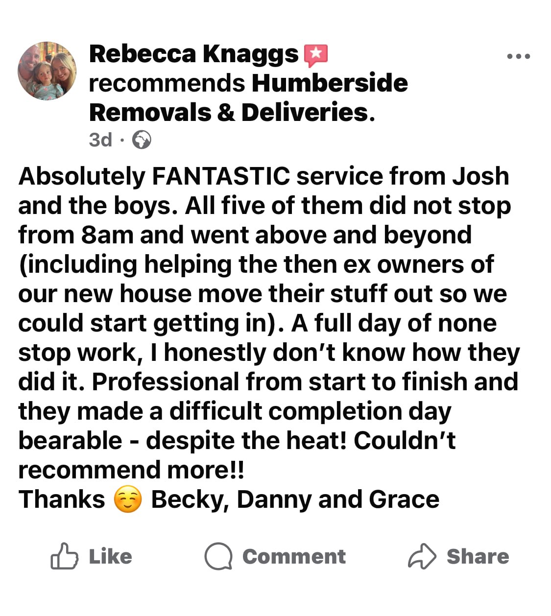 Rebecca Knaggs Facebook recommendation for Humberside Removals and Deliveries